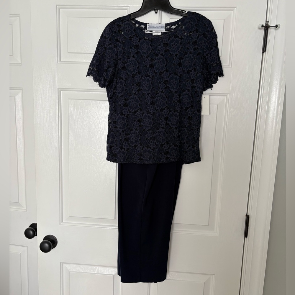 Jessica Howard Vintage Navy Lace Top and Pants Set